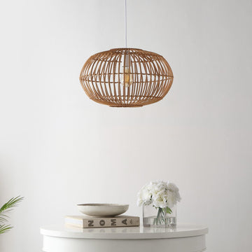 Leo 17.5" Farmhouse Coastal Rattan 180" Cord Plug-In or Hardwired LED Pendant - JONATHAN Y